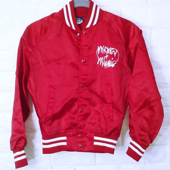 Vintage 80s Nasco Bomber Jacket Youth(10/12) Walt Disney Mickey Minnie Red Satin - Picture 4 of 16